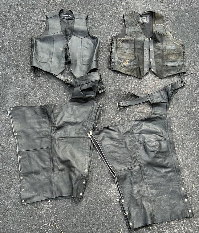 3 Black Leather Vests & 2 Chaps - XXL