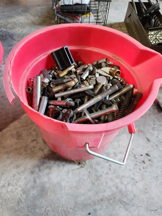 Bucket of Various Bolts, Nuts, Screws, and Washers