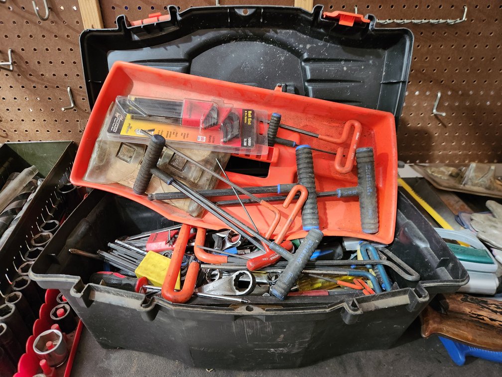 Large lot of Hand Tools; Screwdrivers, Wrenches, Allen Wrenches, T-keys, and Other Tools and a Toolbox