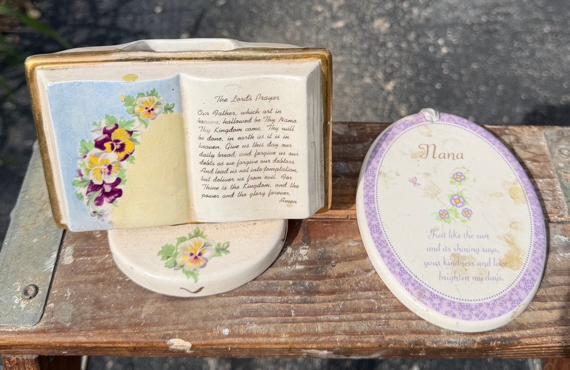 Ceramic Lord’s Prayer planter, flower pot, and nana plaque
