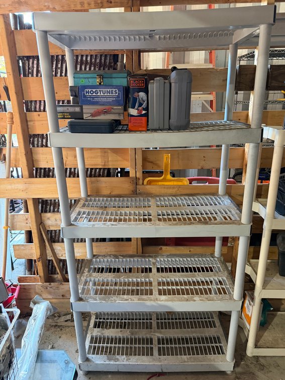 Gray Plastic storage shelves-items on shelf not included