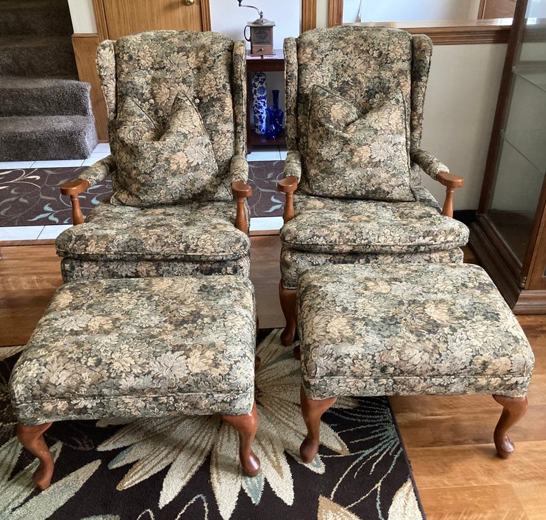 Two Flexsteel Floral Upholstered Armchairs w/Ottomans
