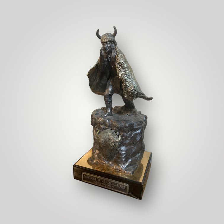 Pewter & Bronze "Calling the Buffalo" Signed, Numbered 13.5"