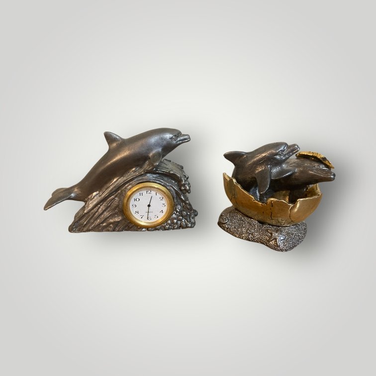 Pewter Dolphin Clock & Dolphins in Gold Egg (w/COA) 3"h
