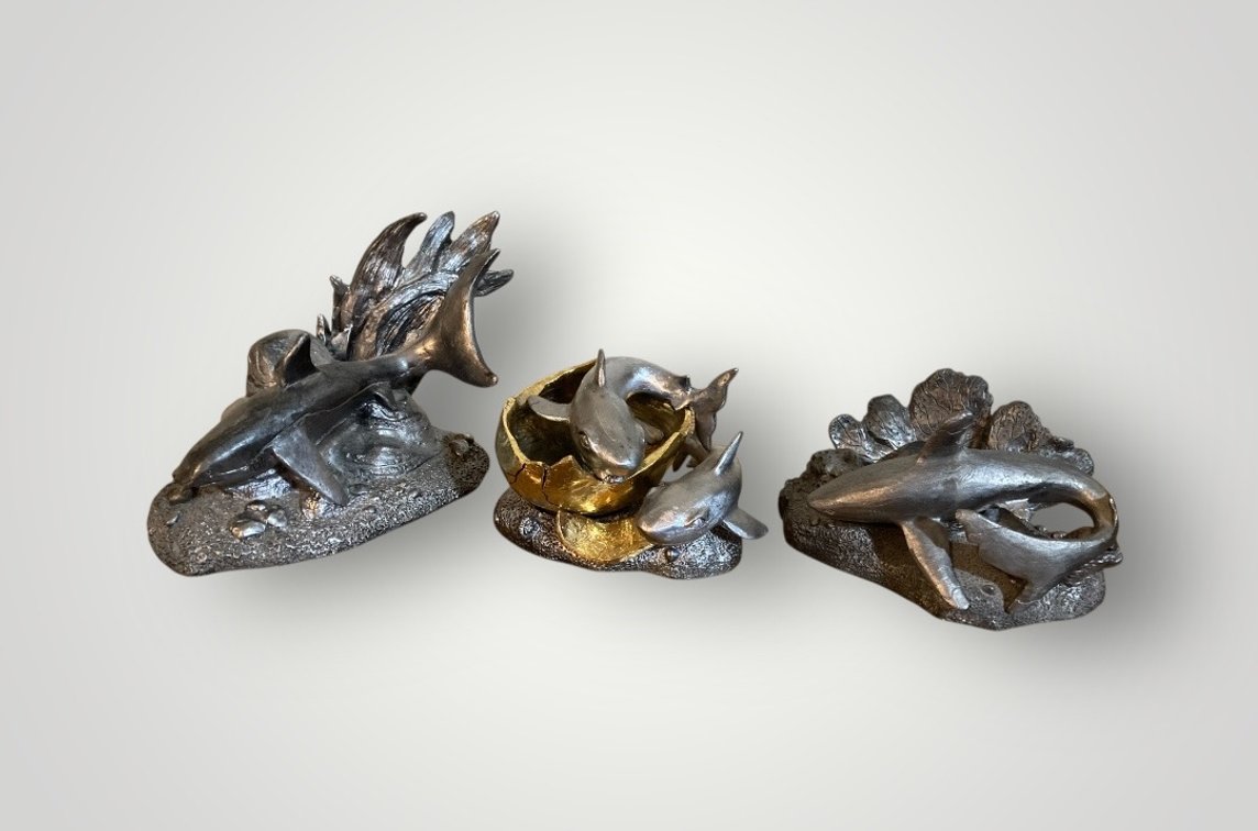 M Ricker Pewter Sharks Set of 3 (one has COA)