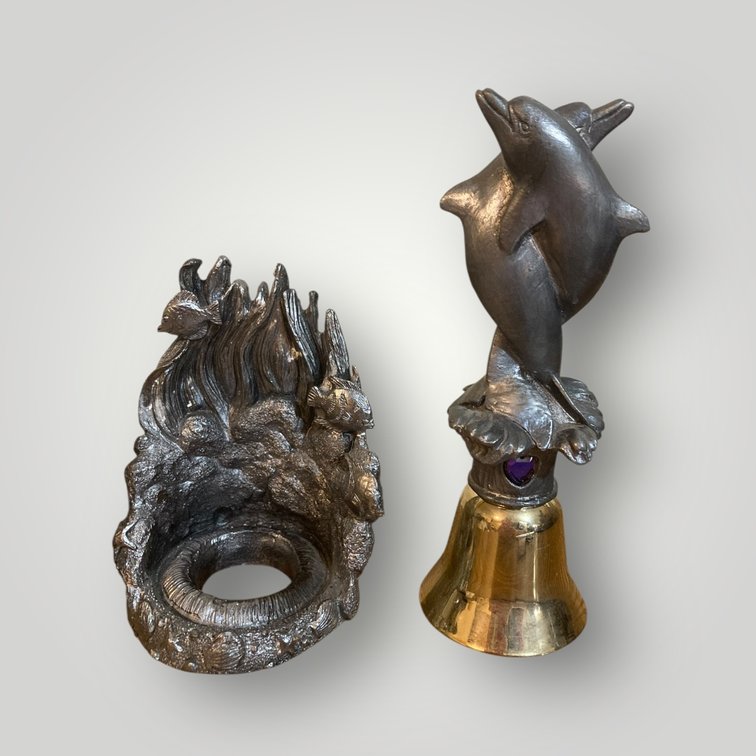 Pewter Fish Candle Holder & Dolphins Bell 4" & 6"