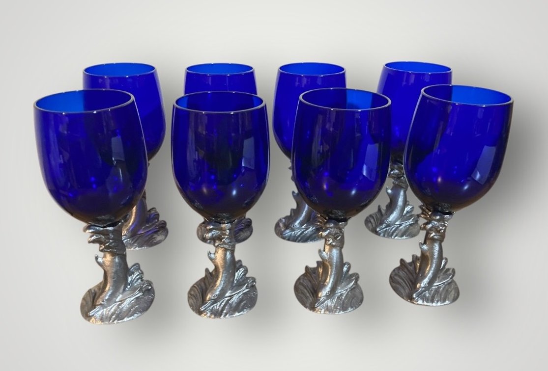 Set of 8 Pewter & Cobalt Glass Wine Glasses 7.5"h