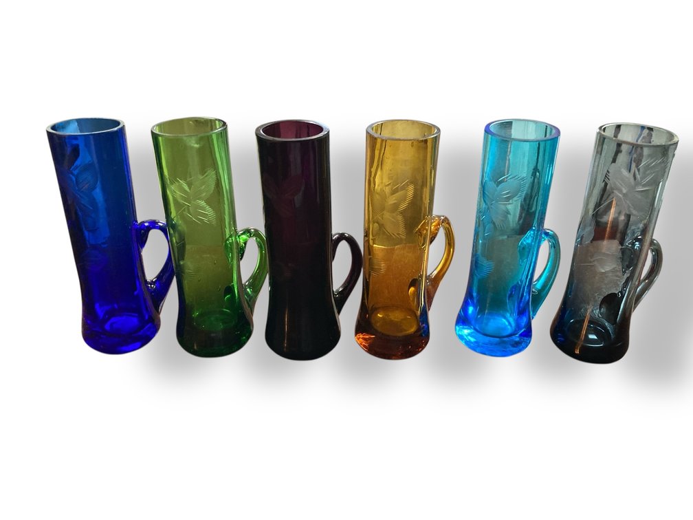 Hand Blown Etched Floral Cordial Glasses