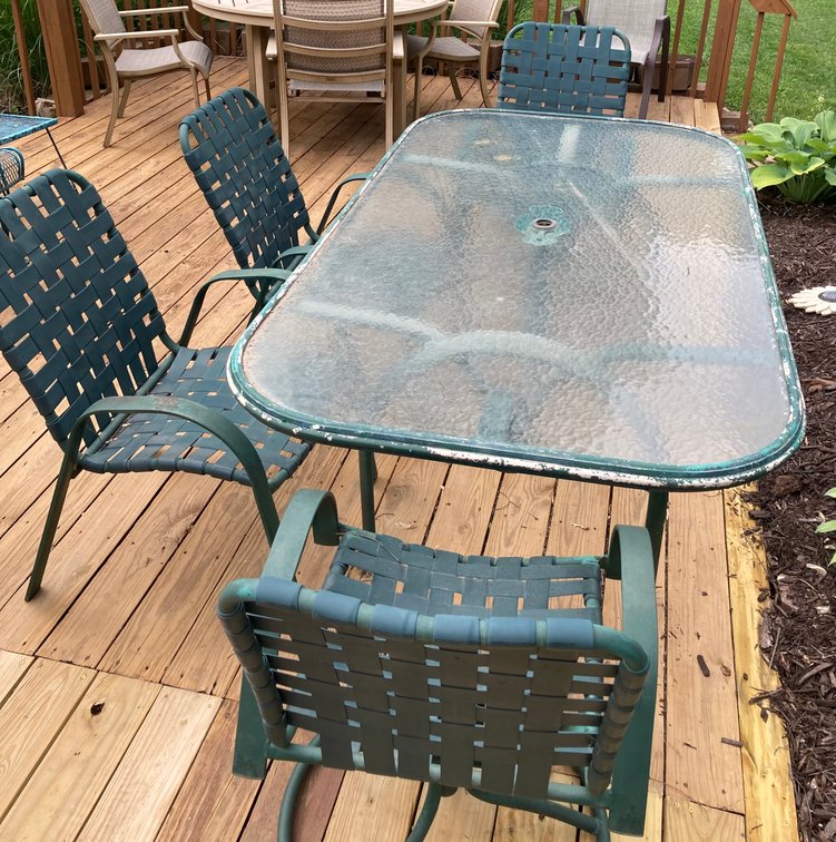 Textured Glass Patio Table with 4 Chairs, Two chairs are swivel