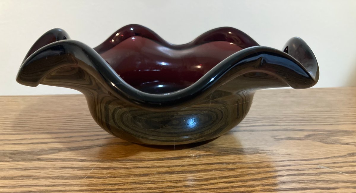 Hand Blown Amethyst Ruffle Edge Iridescent Bowl 4x9