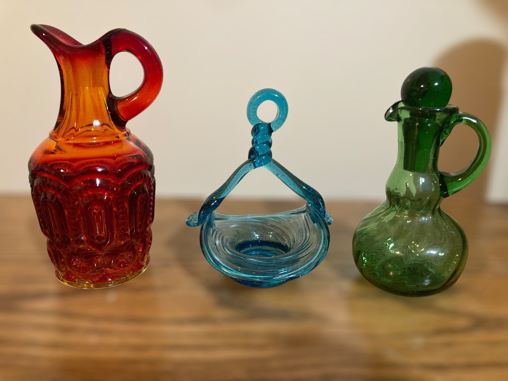Amberina Glass Cruet, Blue Basket and Green Cruet