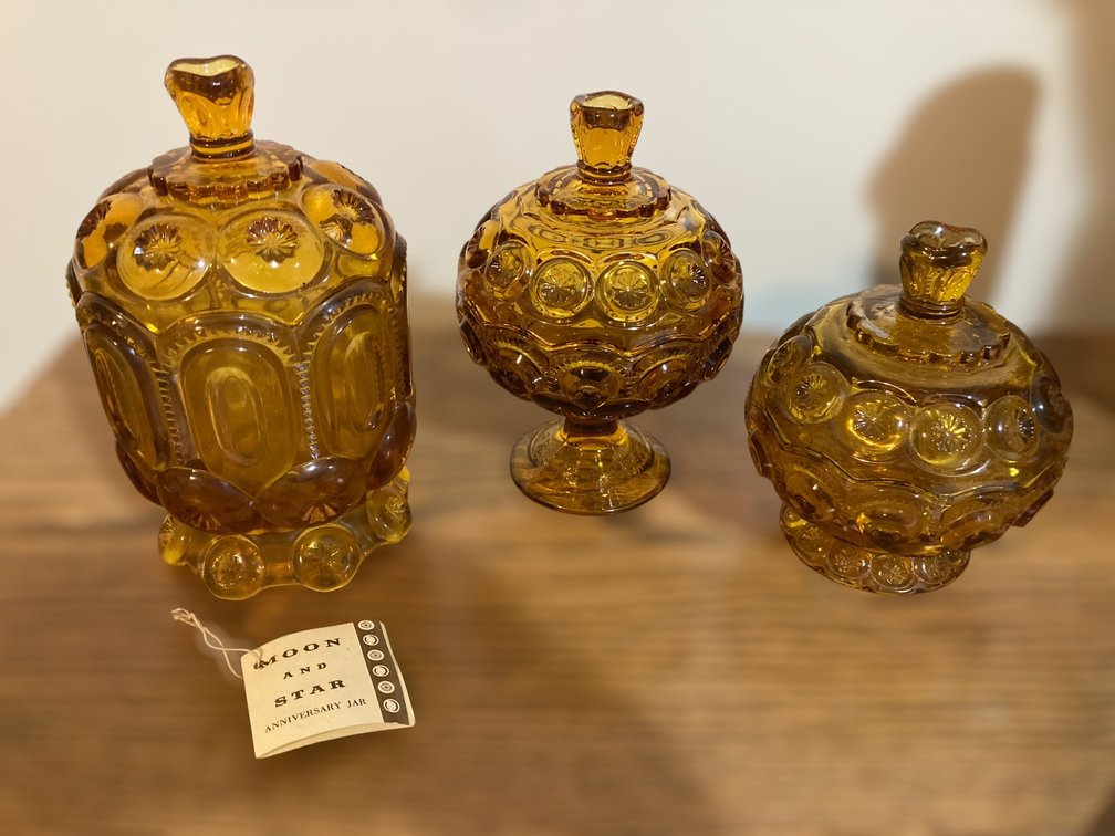 LE Smith Amber Moon & Stars Lidded Dishes 6", 7" & 7.5"