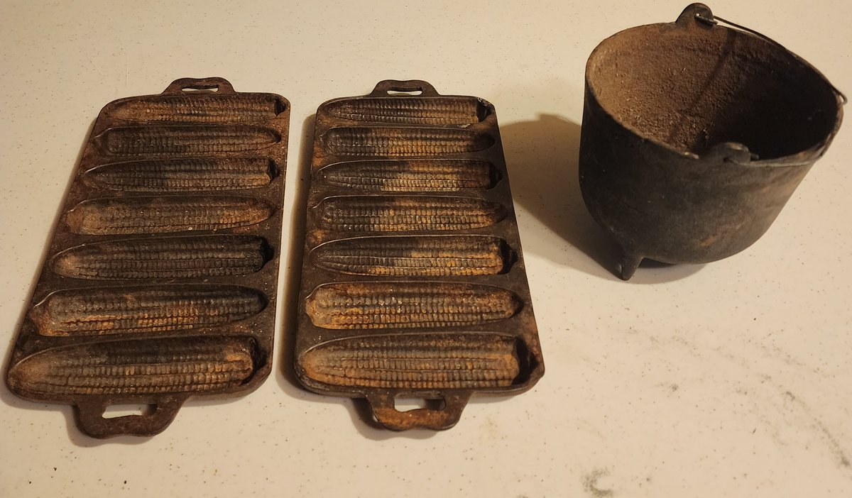 Vintage Cast Iron Cornbread Molds and Mini Bean Pot