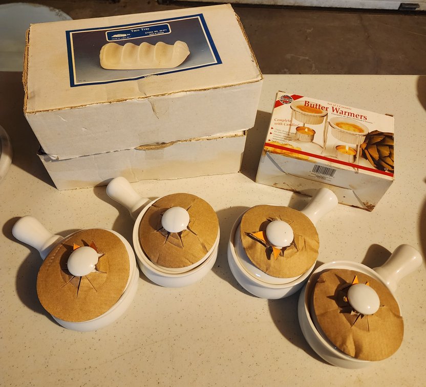 White Ceramic Taco Holders, Butter Warmers and Baking Dishes