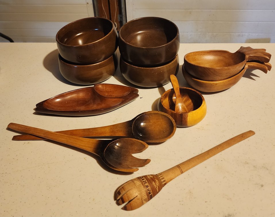 Lot of Wood Bowls and Utensils