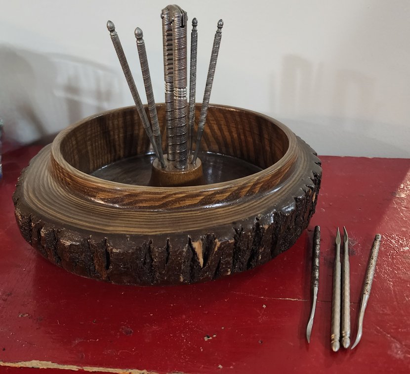Vintage Wooden Nut Bowl with Crackers and Picks 