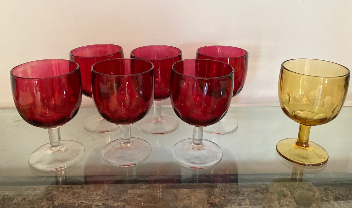 Bartlett Collin's Cranberry Red Flash Glass Thumbprint Goblets, Plus One Amber