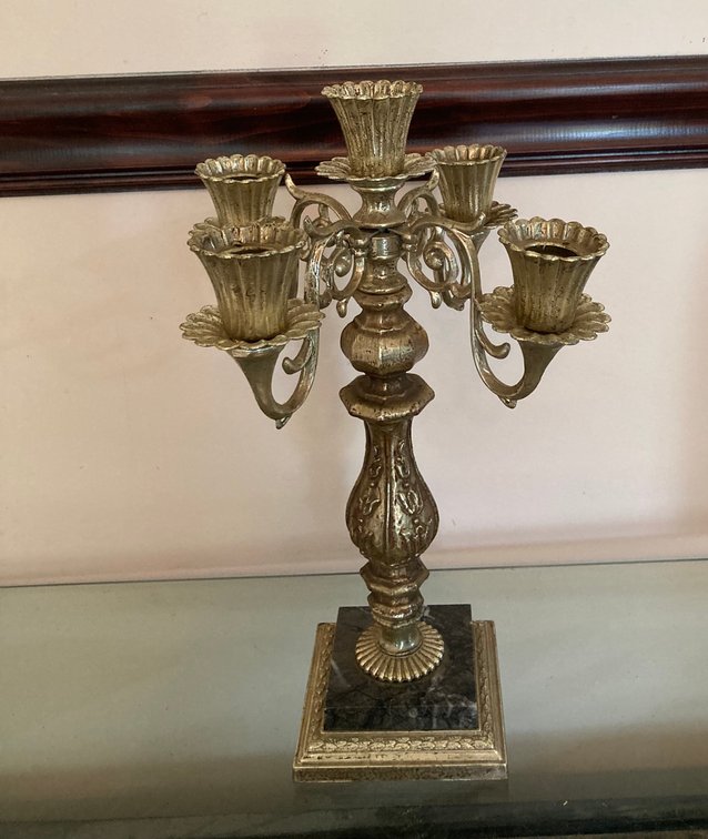 Gold Tone Candelabra w/Marble Base, 13"