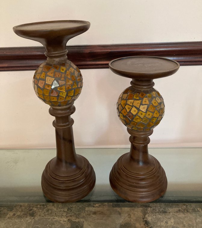 Wooden Candlestick Holders w/Glass Tile Globes, 16" & 12"