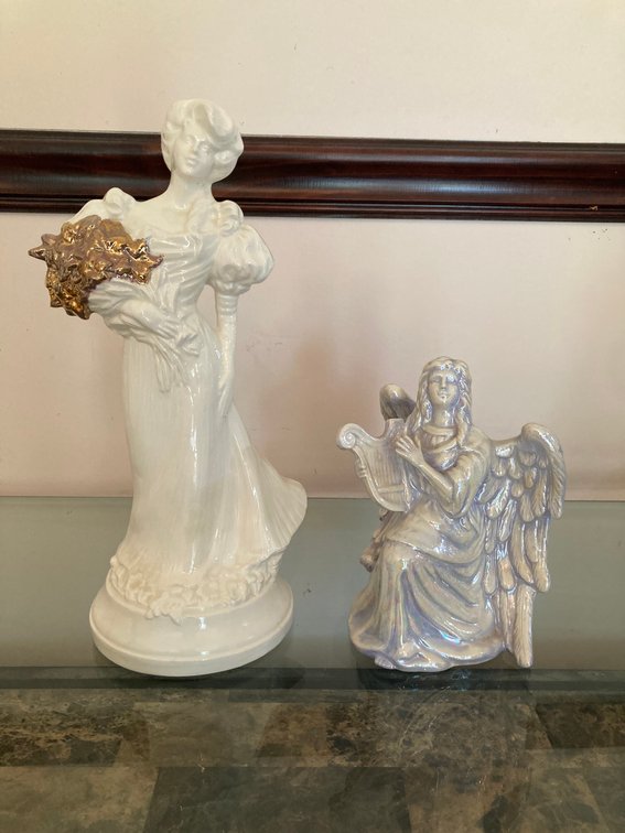 Glazed Ceramic Victorian Lady & Luster Angel Figurines