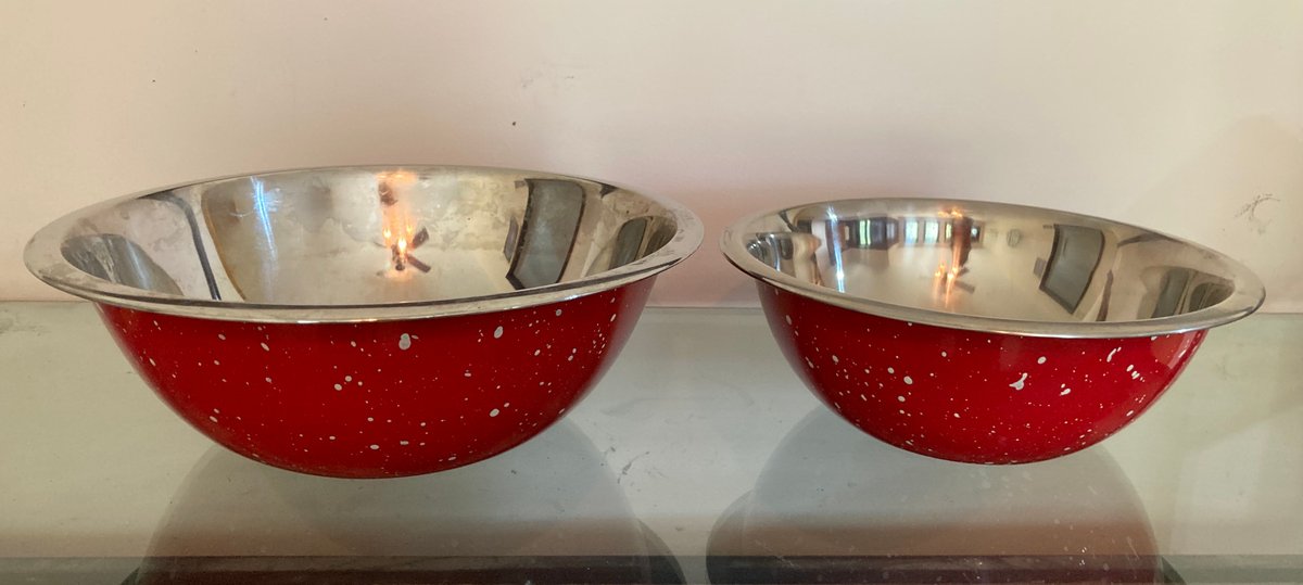 Two Nesting Red Speckled Enamel Mixing Bowls, 9.5" & 11"