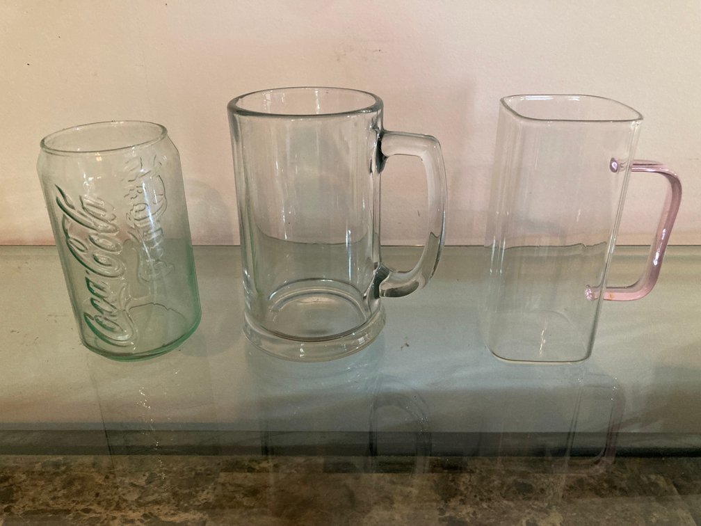 Glass Coca Cola Can & 2 Handled Glasses