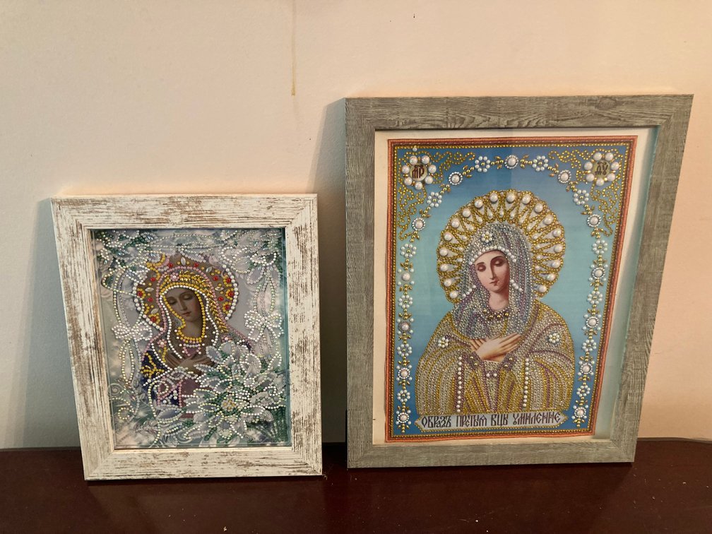 2 Framed Diamond Art Club Artwork, Mother Mary, LOT A