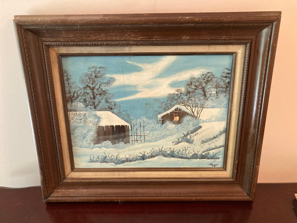 Vintage Original Snowy Scene Painting 18.5x23
