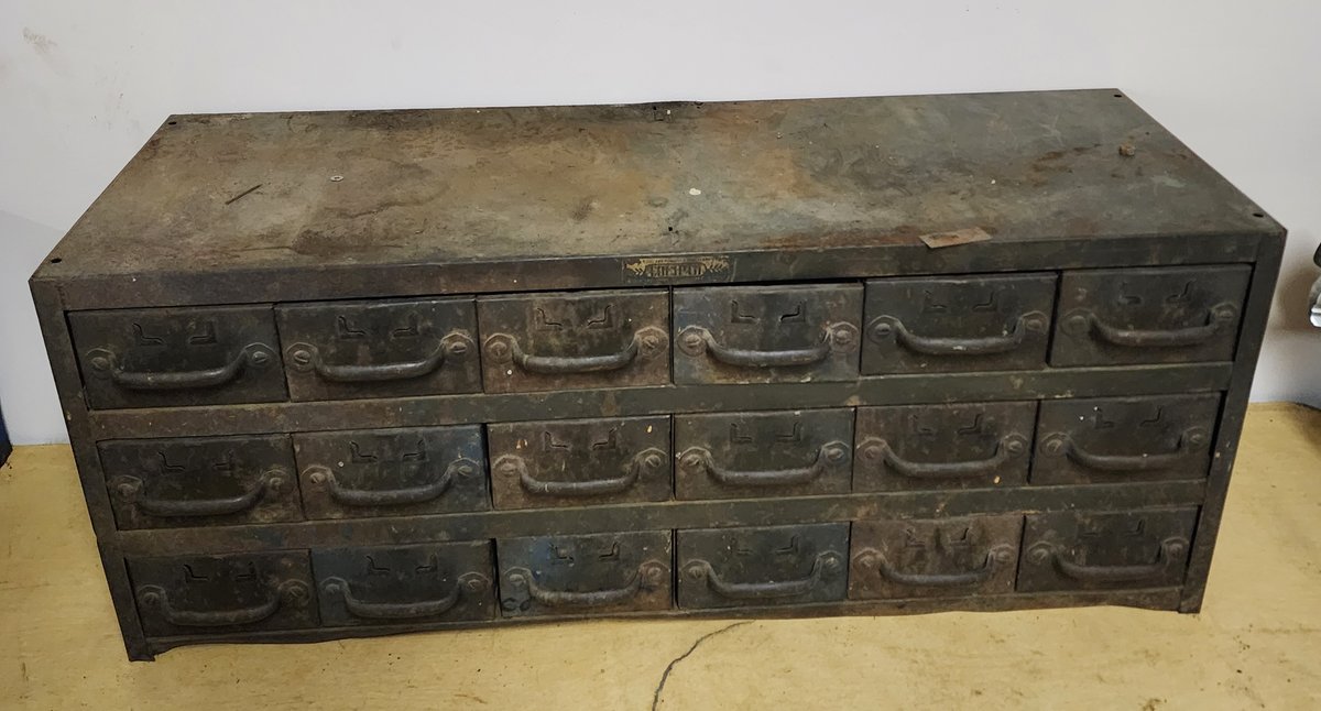 Vintage Industrial Parts Cabinet, 34.25x12x14h