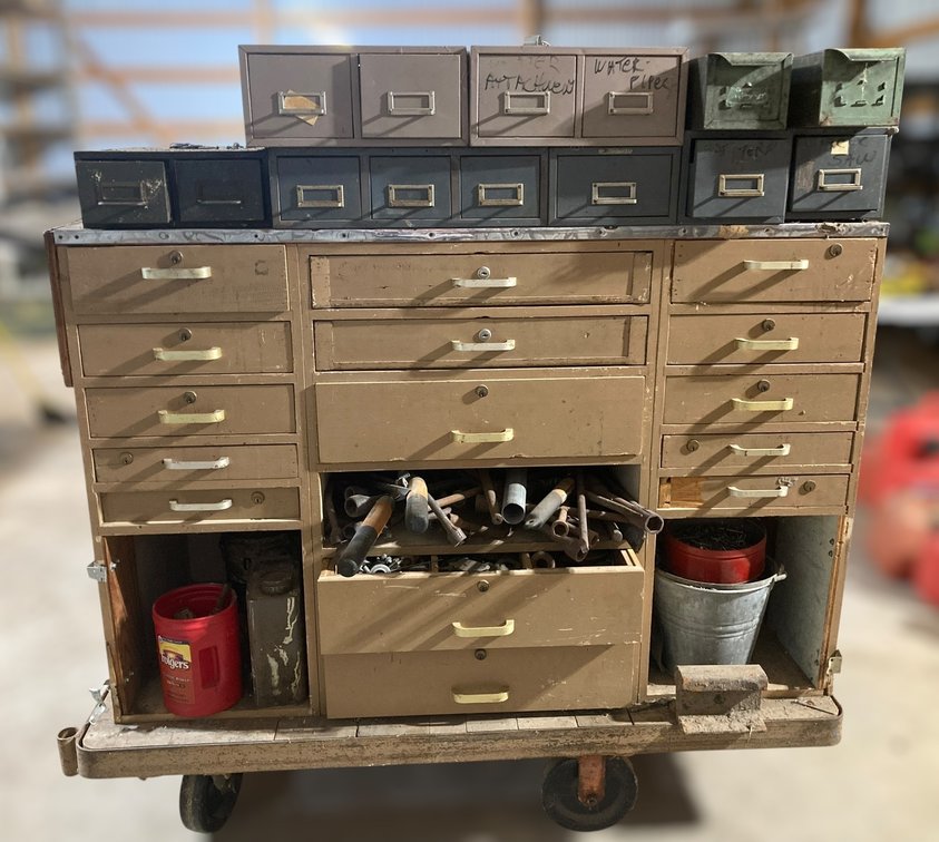 Large Wood Cabinet on Cart Plus Contents
