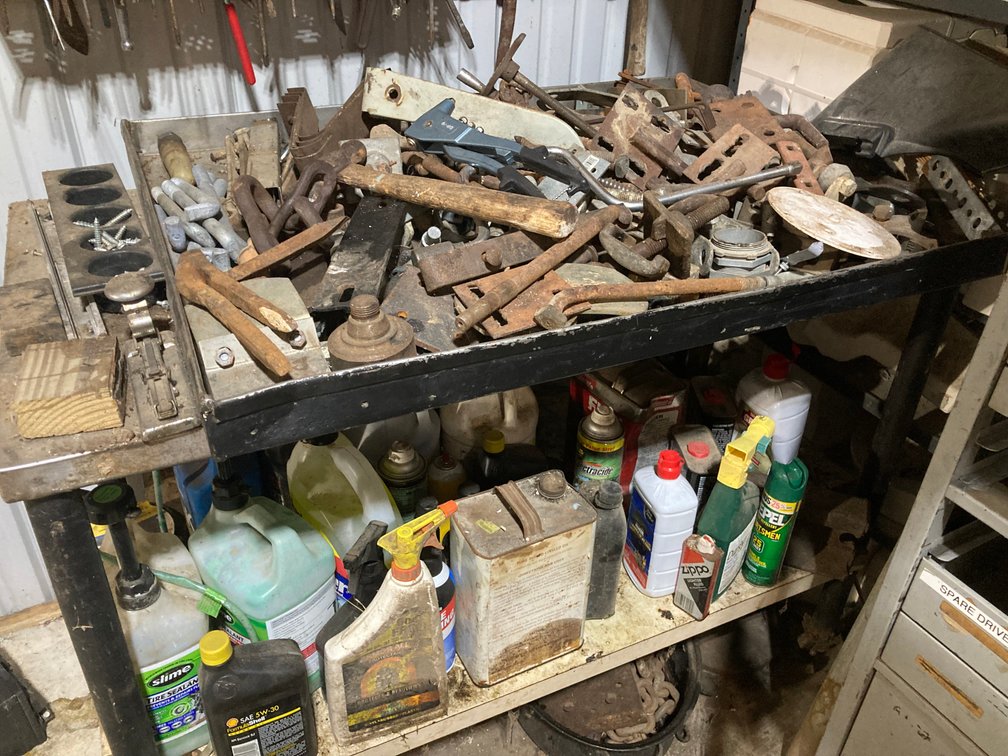 Large Rolling Cart of Tools & Chemicals, 45"L x 32"H x 25"W