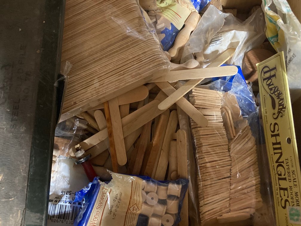 Cardboard/Metal Drawer of Wood Craft Pieces