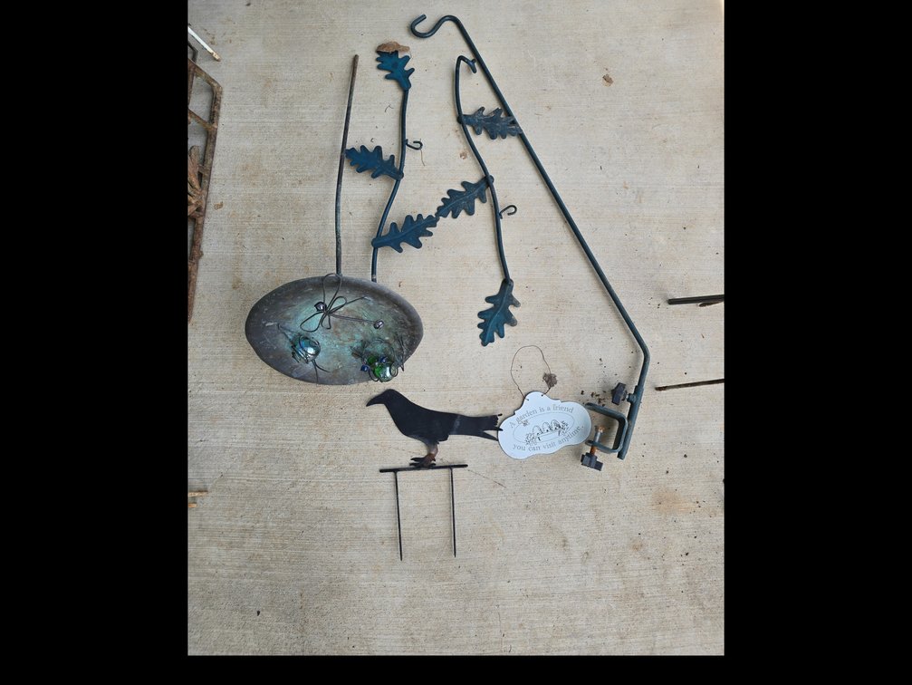 Birdbath with glass snail, frog, dragon fly, porch or tree iron plant holders