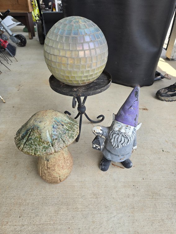 Gazingball on stand, gnome,  mushroom yard decor