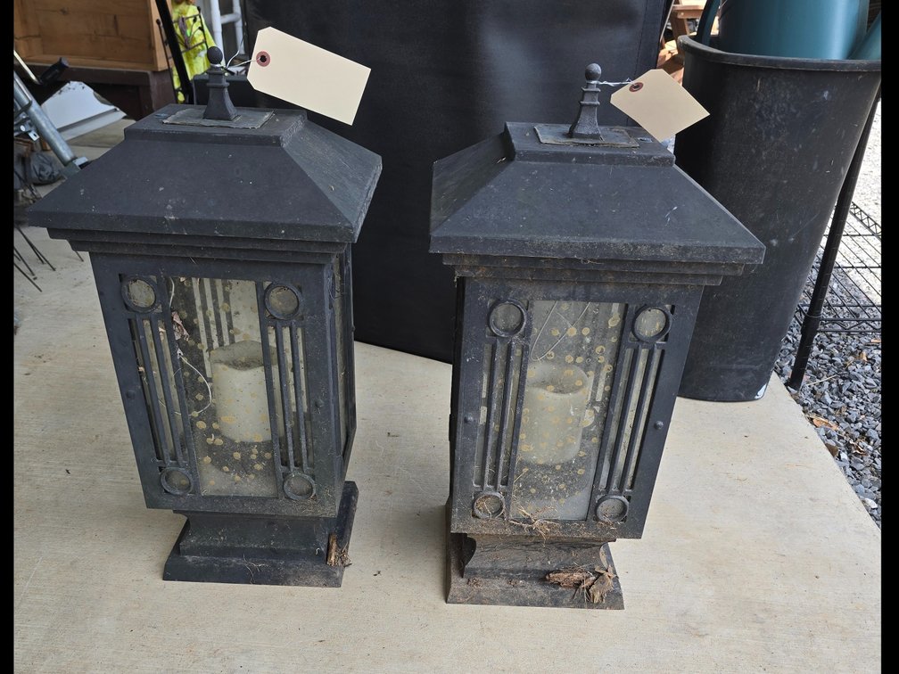 Pair iron porch lanterns, 22 inches tall each, glass sides