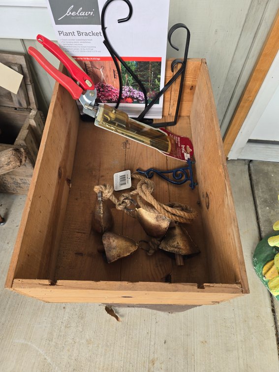Wooden box with new clippers, plant bracket and bell pull
