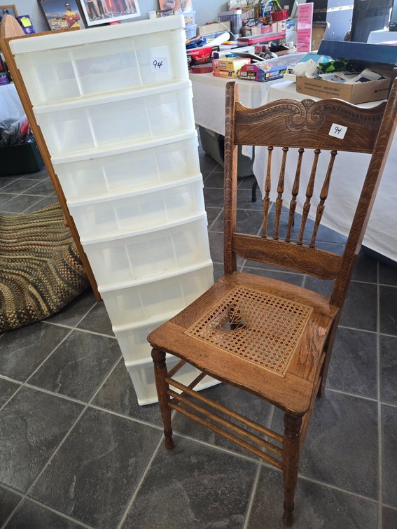 Oak ratan wood chair and plastic organizer
