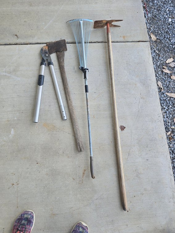 Rake, ax, runners, garden hoe