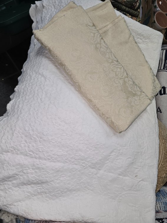 Matice white twin spread and gold tablecloth