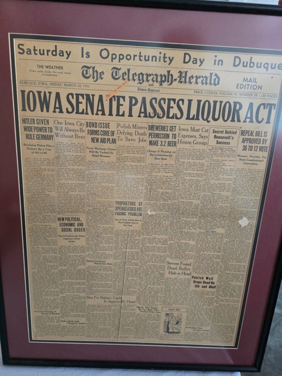 Dubuque Iowa 1933, newspaper framed.