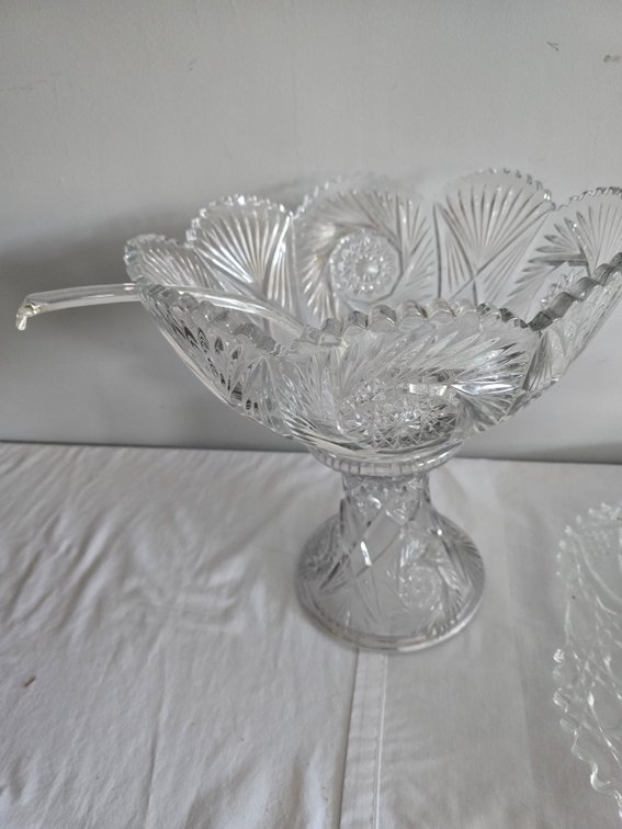Glass punch bowl, stand and GLASS Ladle