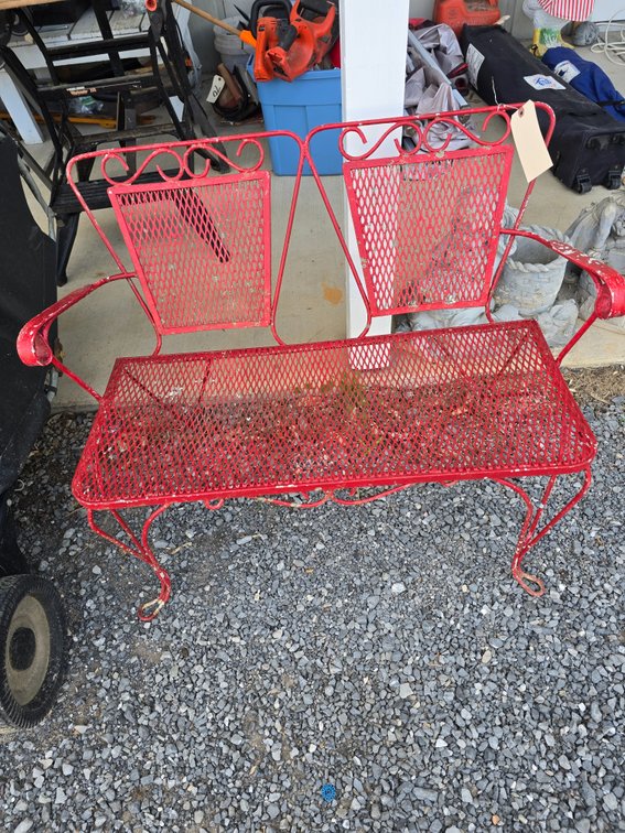 Red iron porch bench