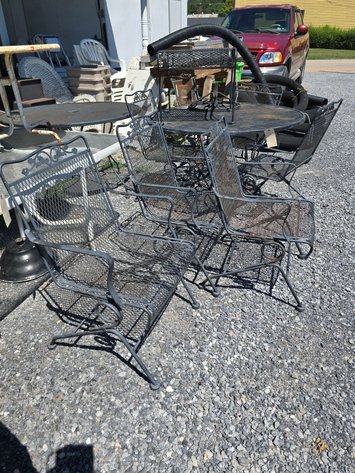 Image for Wrought iron patio table and 4 matching chairs, ect