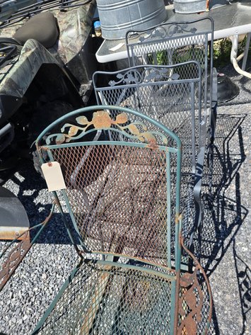 Image for 3 iron patio chairs. Two match are bouncy