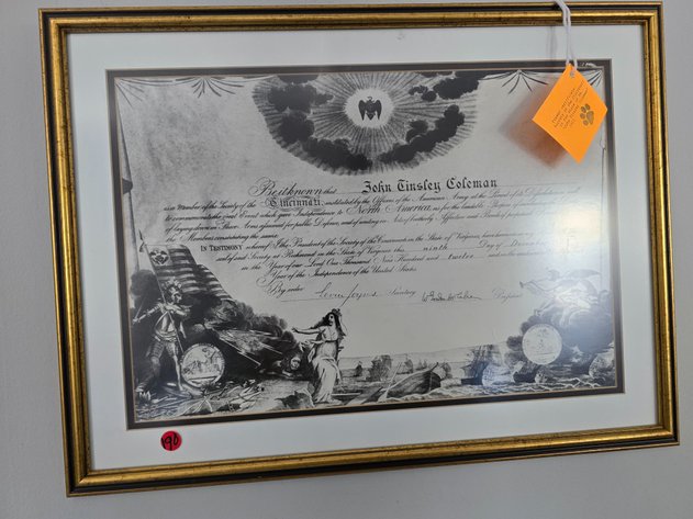 Image for Framed certificate Society of the Cuincinnati in the State of Virginia- John Tinsley Coleman 1912
