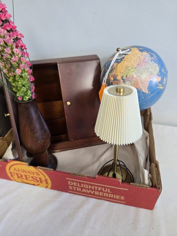 Image for Office or library decor wooden desk, organizer, globe, lamp and wood vase