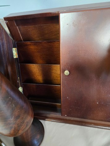 Image for Office or library decor wooden desk, organizer, globe, lamp and wood vase
