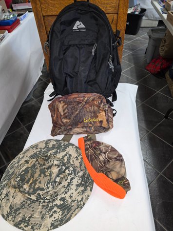 Image for Ozark back pack, Cabelos waist hunting pouch, camo hats