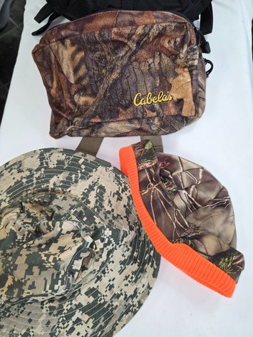 Image for Ozark back pack, Cabelos waist hunting pouch, camo hats