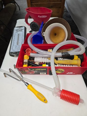 Image for Funnels, seed spreader, thermometer,  sipling hose.
